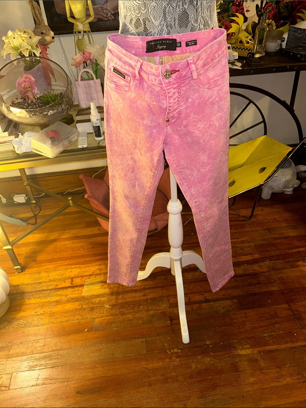 Philipp Plein Pink Acid-Wash Skinny Jeans with Sparkle